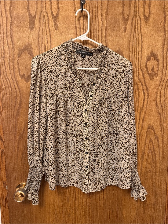 HYFVE Tops - HYFVE Beige and Black Leopard Ruffle Collar Blouse